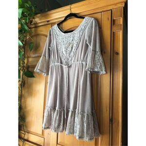 Altar’d State Dress Crochet Lace Taupe Peasant Boho Size S